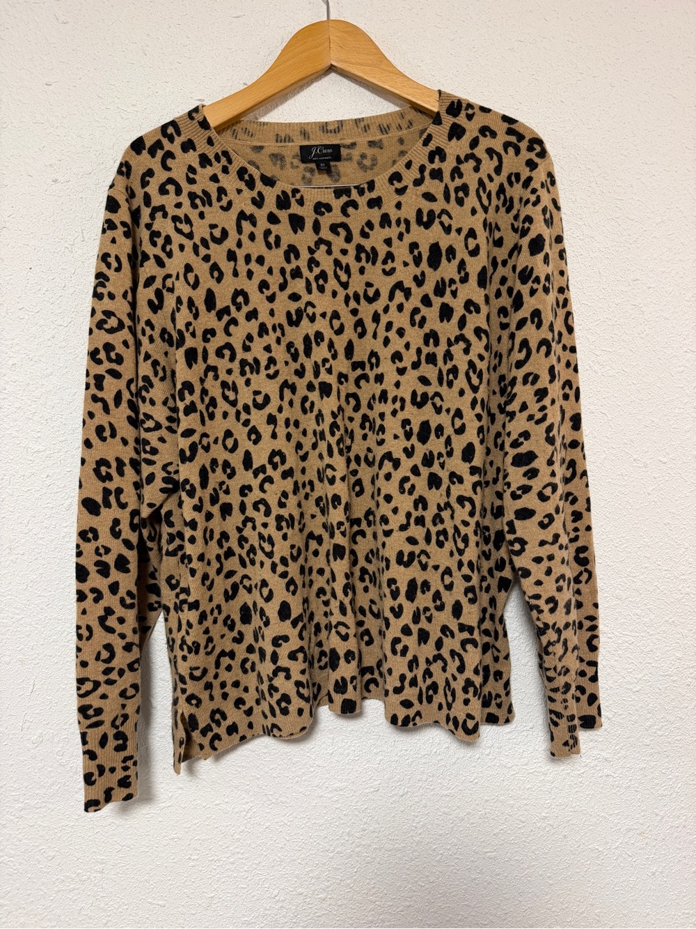 J. Crew Leopard-Print Crewneck Sweater in Camel and Black Cashmere 3X